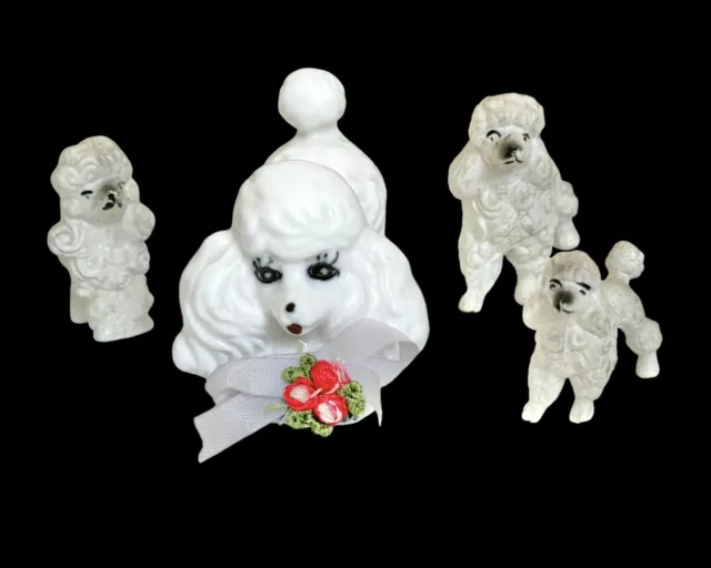 Small Porcelain Poodle Dog MCM Lot Kitsch Decor Japan Set 4 White Gray Mini