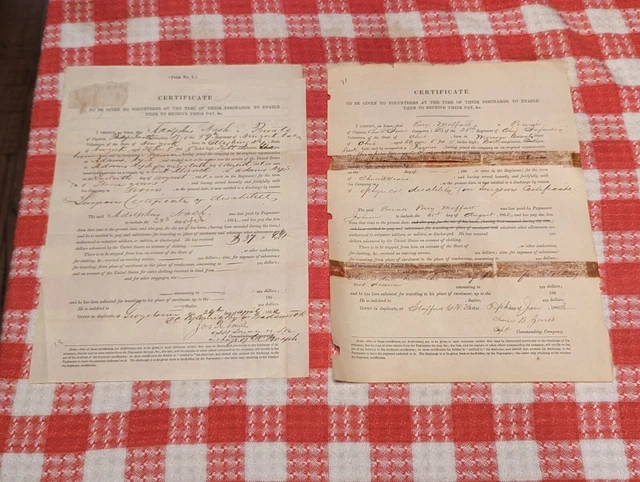 Lot Of 2 Civil War Discharge Pay Certificate Papers New York & Ohio