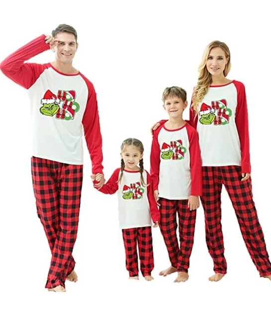 Pigiami di Natale Sangdut Set Abbinati per Famiglia, Capodanno Grinch a quadretti rosso