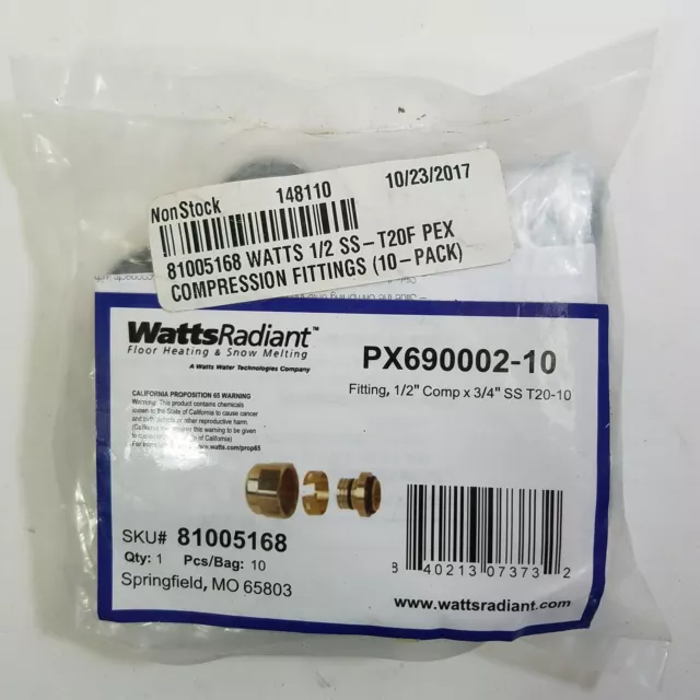 Watts Radiant 81005168 1/2" PEX Compression x 3/4" SST20 Swivel BSP 10-Pack