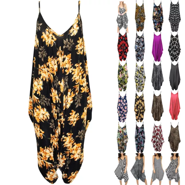 Women Ladies Andy Pandy Floral Print Thin Strappy Lagenlook Baggy Harem Jumpsuit