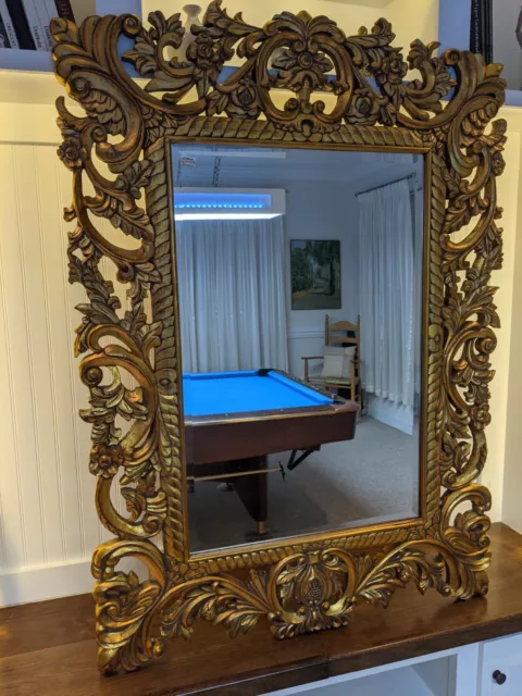 Carved Statement Mirror Large Paint Decorated Gold Patina Floral Mirror