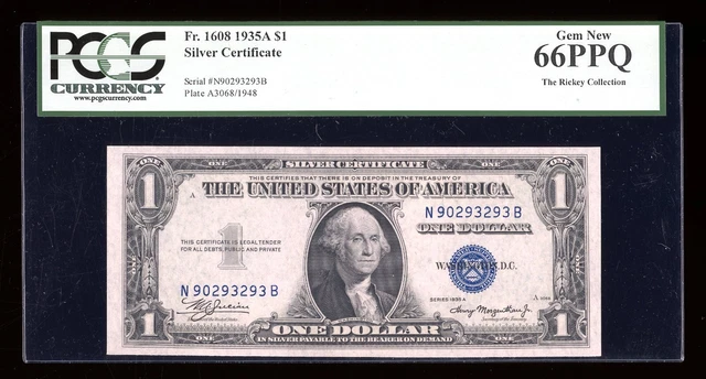 DBR 1935-A $1 Silver Gem Fr. 1608 NB Block PCGS 66 PPQ Serial N90293293B
