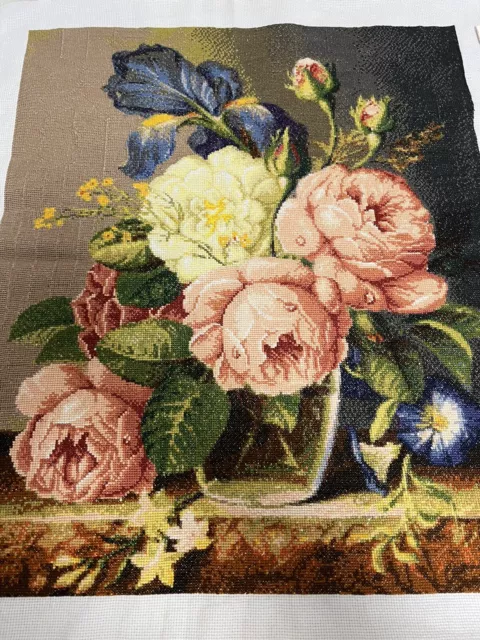 completed finished cross stitch Style of oil painting Flowers 21''x 25''Unframed