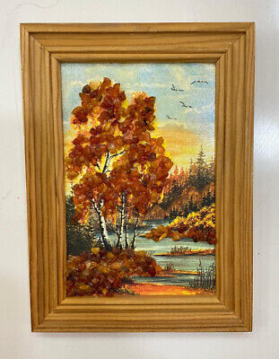 Old Picture Hand Painted Oil Painting Mosaic View River Trees 6" x4" Decor Art