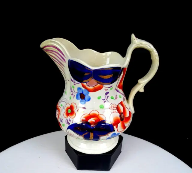 Gaudy Welsh Staffordshire Blue And Red Flowers Antique 6 3/4" Pitcher 1850s