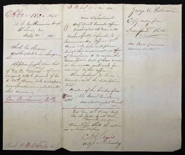 27th.IOWA VOL. INF. CO. H Civil War Discharge Doc. For George A. Patterson 1865 27th.IOWA VOL. INF. CO. H Civil War Discharge Doc. For George A. Patterson 1865