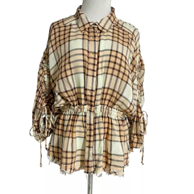 Free People Size Medium Plaid Button Down Pacific Dawn Drawstring Boho 2