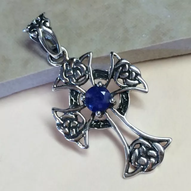 Natural 1ct Blue Sapphire 925 Solid Sterling Silver Cross Designer Pendant 36mm