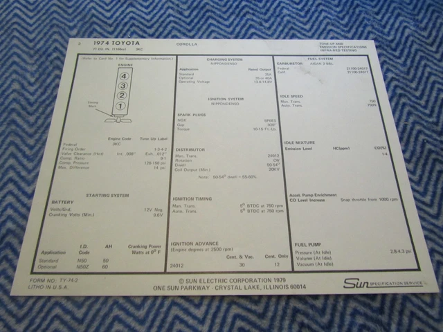 1974 TOYOTA COROLLA 71 Cu In Specification Chart Sheet EUR 7,79 ...