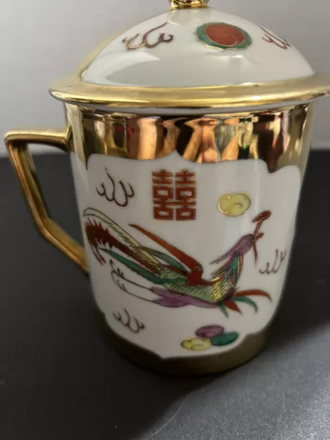 Chinese Red Dragon Phoenix Mug Gold Trimmed Hand Painted Tea Cup with Lid