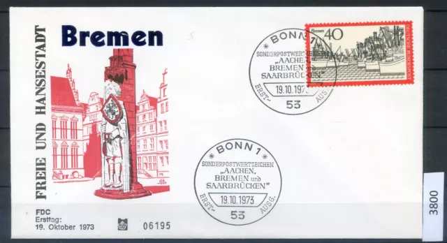 Bund/BRD Mi-Nr 789 Fremdenverkehr Bremer Hafen  ESST Bonn FDC 1973 (3800)