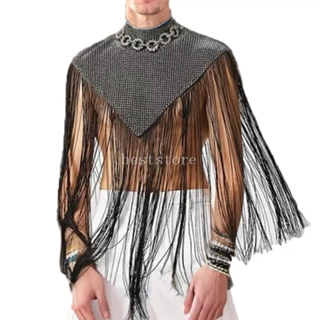 Mens Sexy Tassel Cape Pullover Nightclub Top Sleeveless High Neck Handsome Shirt 2