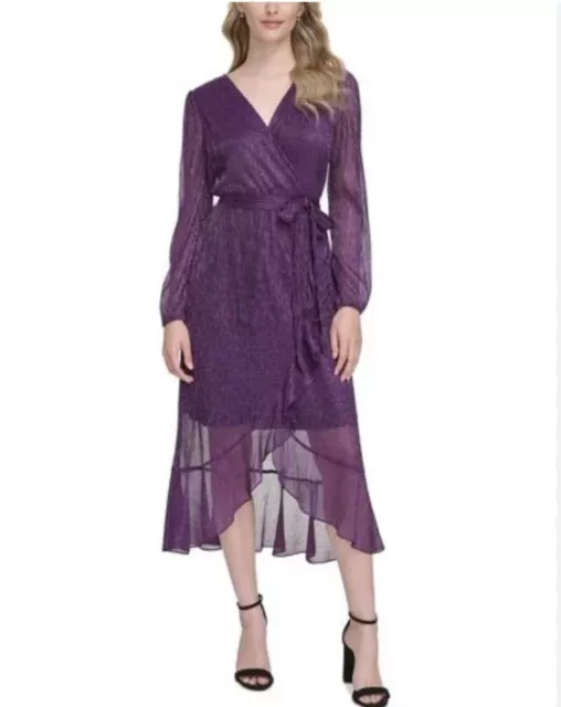 NWOT Kensie | Purple Ruffled Faux Wrap Long Sleeve Sheer Dress Women’s Size 4