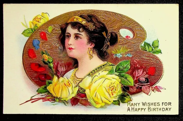 Many Wishes Happy Birthday Embossed German Paint Easel Postcard 1900's