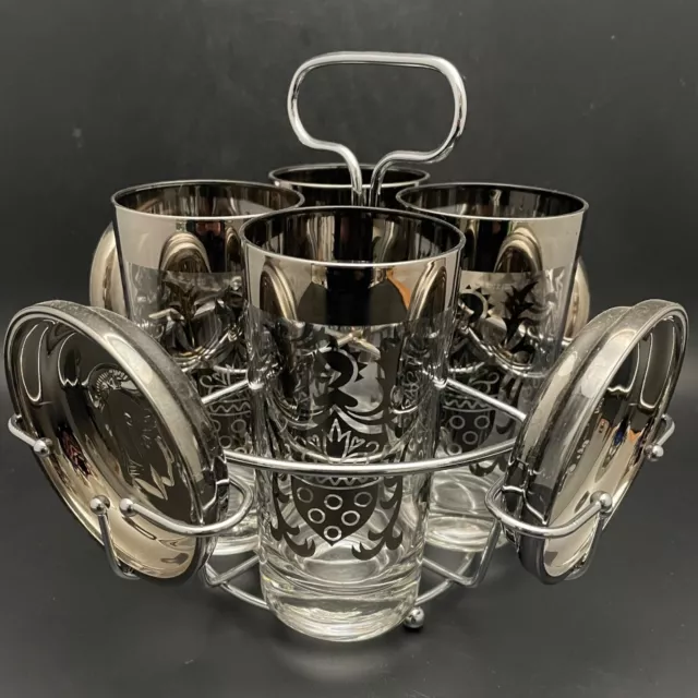 Kimiko Barware MCM Silver Guardian 9pc Beverage Set Metal Caddy Carrier Japan