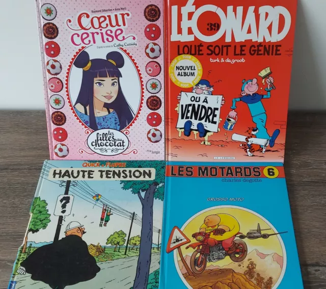 Lot 4 bd, les motards, léonard, quick flupke, coeur cerise