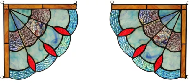 Set of 2 8" x 8" Victorian Buds Tiffany Style Stained Glass Corner Window Decor