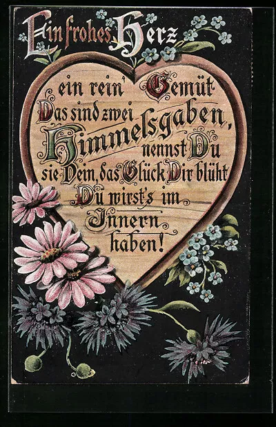 Holzbrand-Imitations-AK Ein frohes Herz..., Herz und Blumen 1918