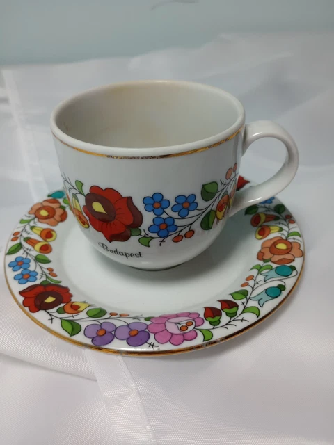 Kalocsa Hungarian Hand Painted Porcelain Coffee Cup & Saucer Retro Floral Tea