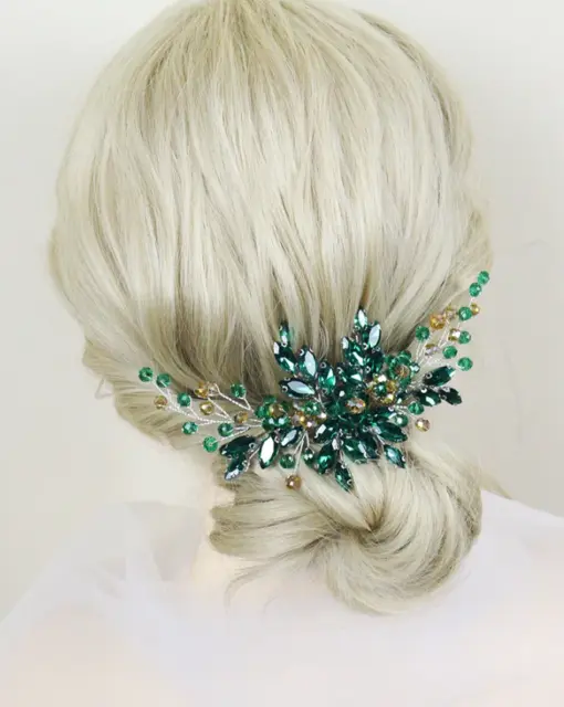 Green Crystal Bride Hair Comb Rhinestone Wedding Head Jewelry Bridal Hair Access