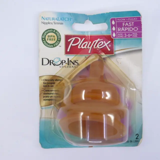 Playtex Nurser Naturalatch Fast Flow Two Latex Nipples Drop-Ins 3-6 Months New