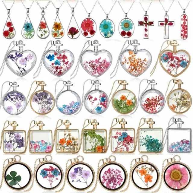 Hot Natural Real Dried Flower Resin Glass Floating Locket Pendant Necklace Gift 2