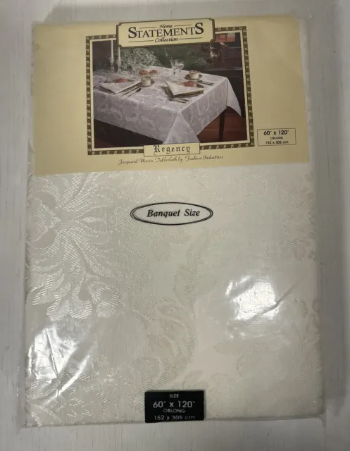 Vintage Regency Damask 60 x 120 Oblong White Linen Banquet Floral Tablecloth NEW