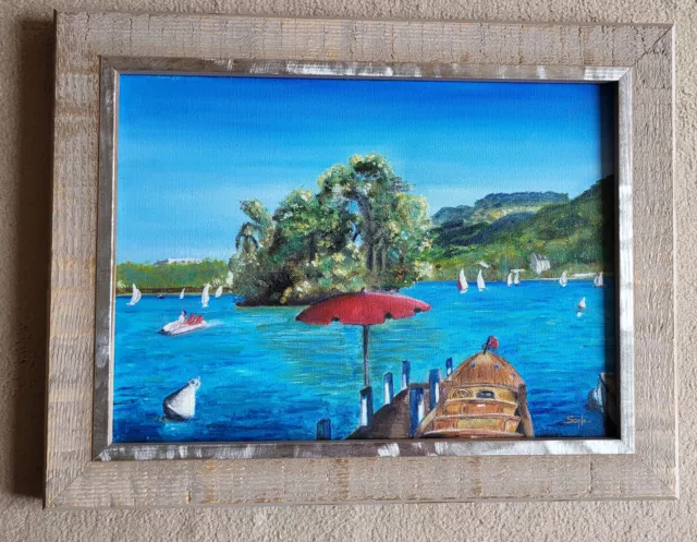 Tableau Peinture Le LAC d'ANNECY Huile sur Toile Cadre Bois