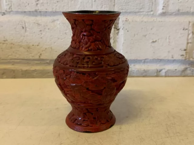 Antique Chinese Cinnabar Lacquer Gourd Form Miniature Vase Immortals Dec.