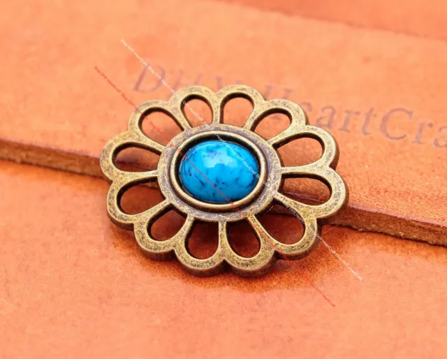 10X Cinturón de latón hueco flor ovalada artesanal cuero turquesa azul concho