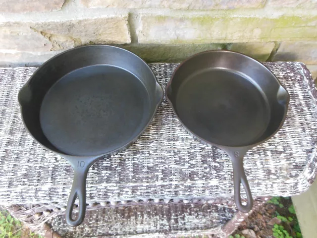 2 Wagner Sidney Arc Cast Iron Heat Ring Skillets Pans No. 10 1060 & No. 8 1058