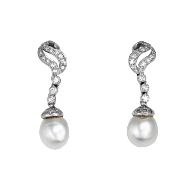 Mid Century Baroque Pearl Diamond Earrings 14k White Gold 1.5" Drops Jewelry