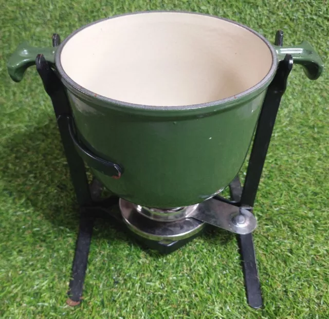 Lovely Original Vintage Le Creuset Cast Iron Enamel Green Fondue Set