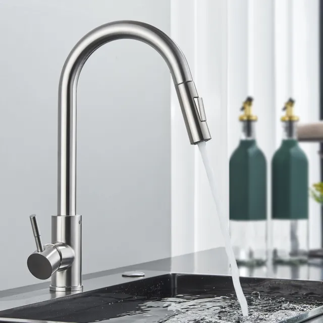 Brushed Nickel Kitchen Taps Pull Out Spray 360° Swivel Spout Sink Mixer Tap New