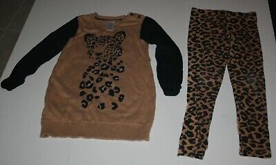 Used Gymboree Girls 6 Year 2 Piece Set Outfit Leopard Sweater Dress & Leggings