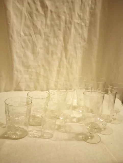 11 Pieces Antique Clear Etched Glassware