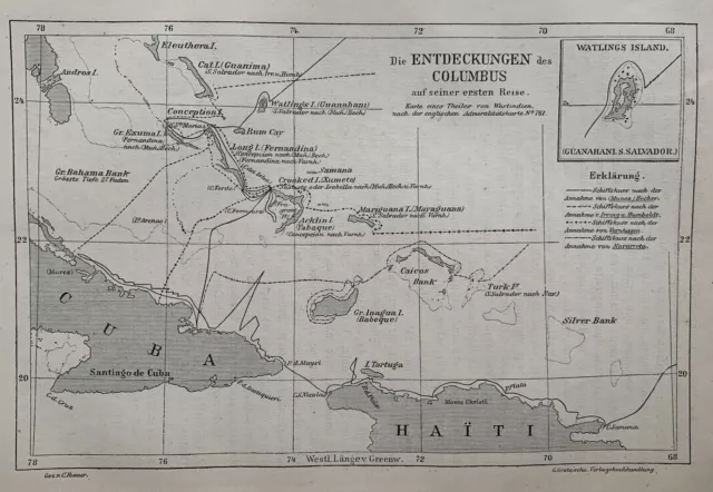 Kolumbus - Cristóbal Colón - Karte Entdeckungen erste Reise - Karibik - Bahamas