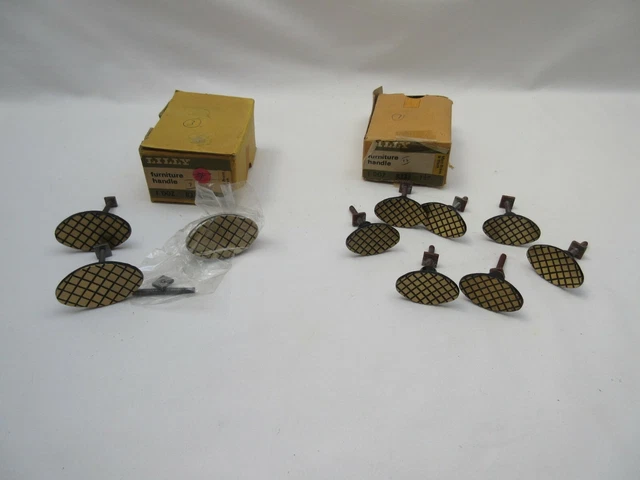 7+3 vintage retro Lilly 8333 brass black furniture door drawer handle knobs NOS