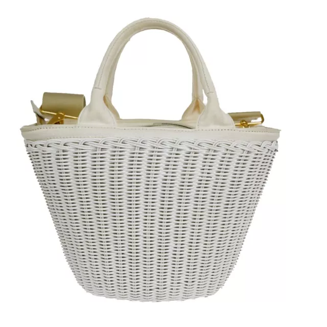 PRADA Logo Midollino Wicker 2Way Shoulder Hand Bag Canvas Leather White 686RH260 3