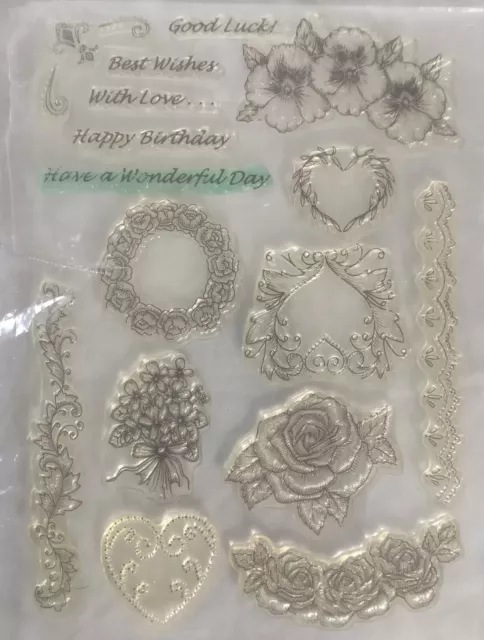 New: 16 Rubber Stamps: Flower, Hearts & Greetings