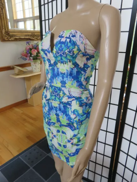 One Way Strapless Blue Green Formal / Semi Artsy Cocktail Party Dress, XS, UK 6