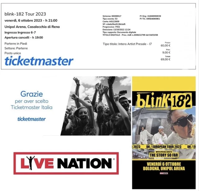 1 Biglietto Parterre Blink 182 6 ottobre 2023 Bologna Unipol Arena