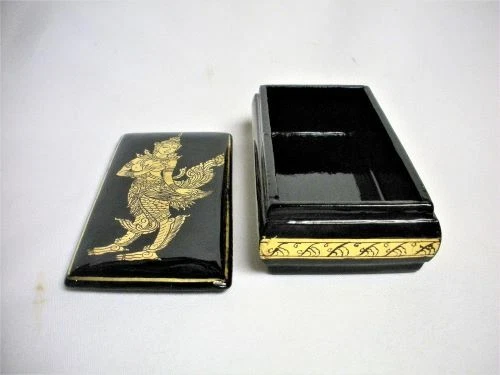 Thai KINNARI Gold & Black Lacquer BOX Hindu LOVE BIRD GODDESS Thailand Burmese 3