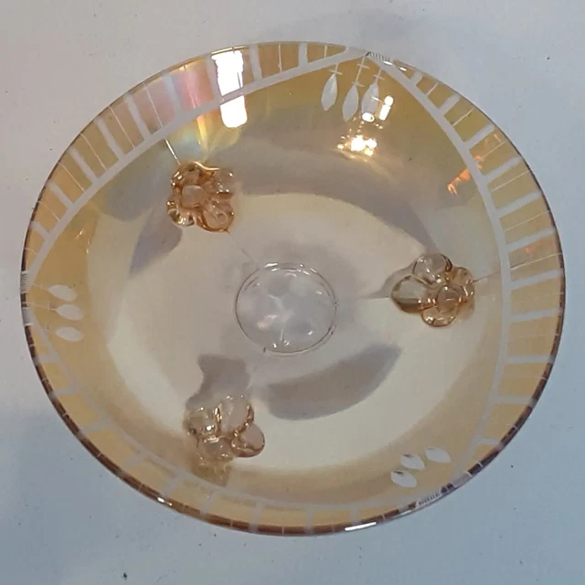Vtg cut glass amber iridescent small round footed bowl 7 1/8" candy dish AS IS