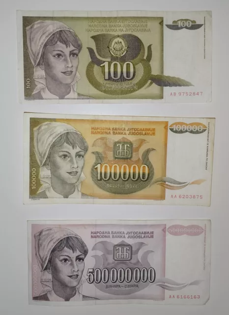 Yugoslavia 1991/1993 Inflation Dinars - 100, 100K and 500 million