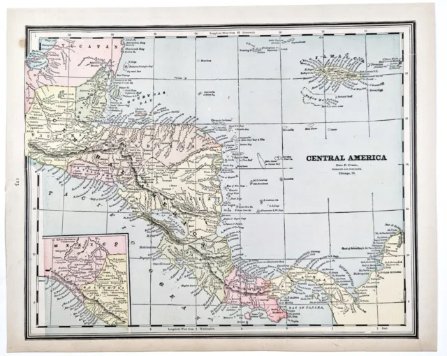 CENTRAL AMERICAN 1889 Map ORIGINAL Nicaragua Veragua Honduras San Salvador