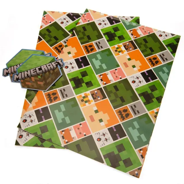 2pk Minecraft Wrapping Paper & gift tags/Boys/Gaming/Gift wrap/Xbox/PS5/Blocks