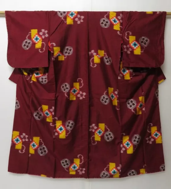 0526T05z530 Vintage Japanese Kimono Silk MEISEN KOMON Burgundy Flower