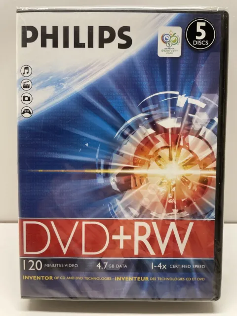 5x PHILIPS DVD+RW - 120 minuti, 4,7 GB dati 1-4 velocità x - confezione da 5 - NUOVO SIGILLATO